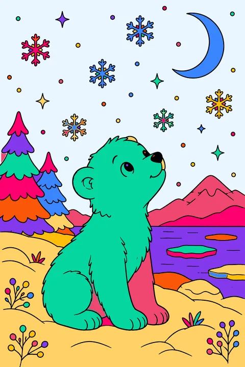 Polar bear cub looking up at snowflakes under a crescent moon coloring page