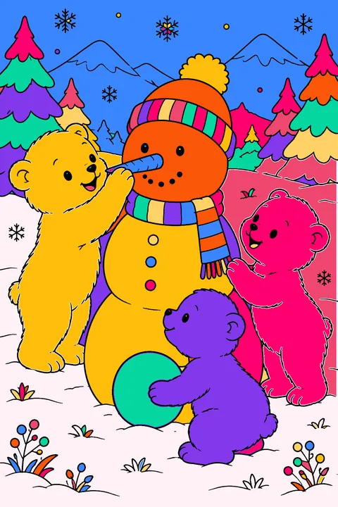 Polar bear cubs building a snowman with a carrot nose coloring page