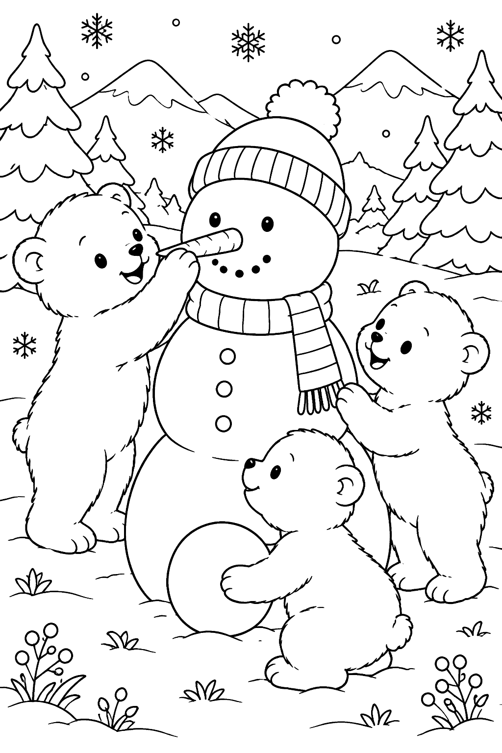 Polar bear cubs building a snowman with a carrot nose coloring page