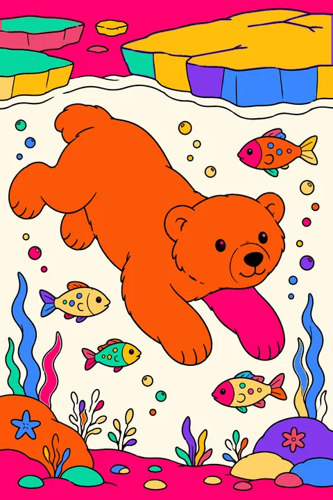 Polar bear swimming under floating ice with fish nearby coloring page