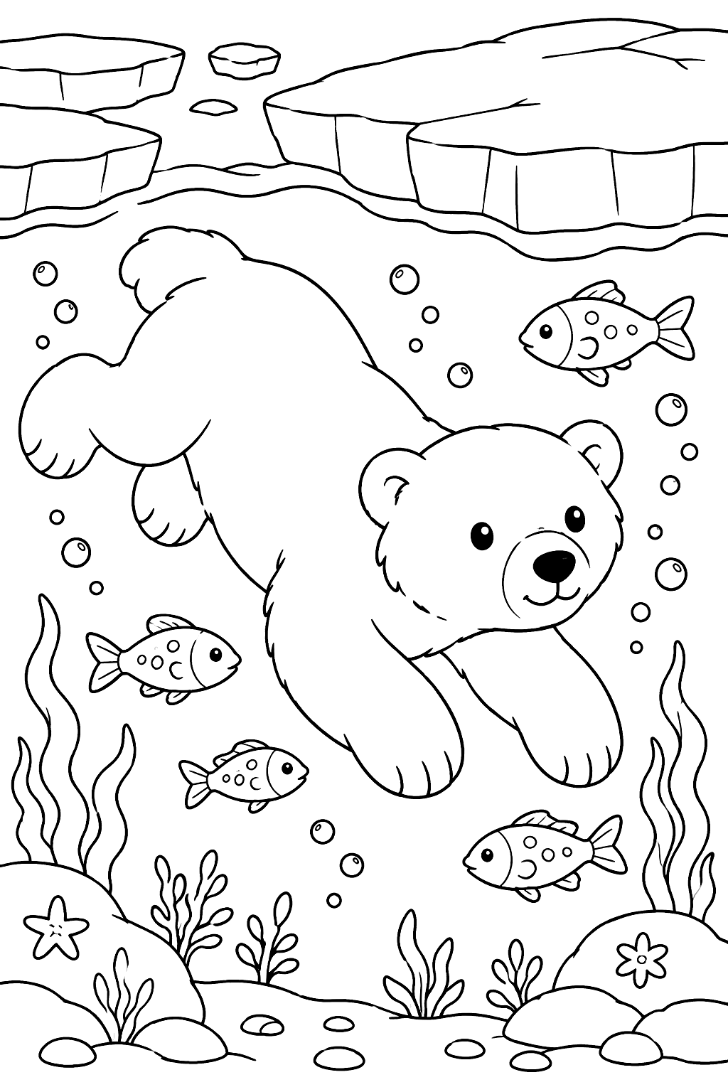 Polar bear swimming under floating ice with fish nearby coloring page