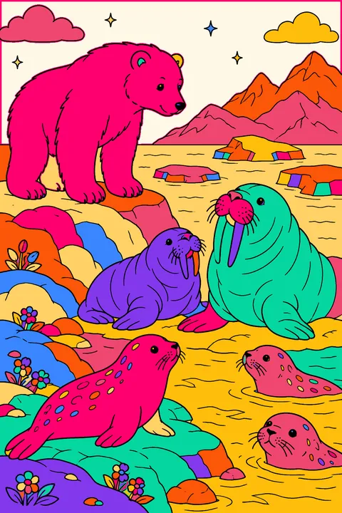 Polar bear watching walruses and seals on rocky arctic shore coloring page