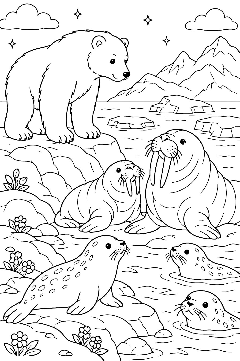 Polar bear watching walruses and seals on rocky arctic shore coloring page
