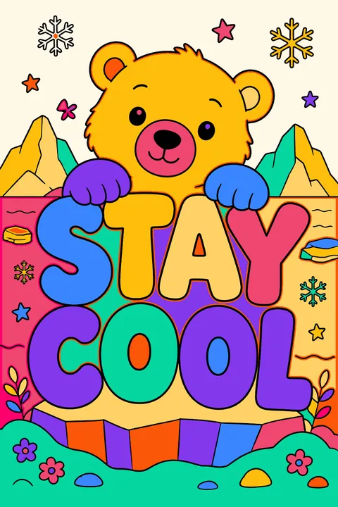 Big outline letters spelling stay cool with a polar bear peeking over coloring page
