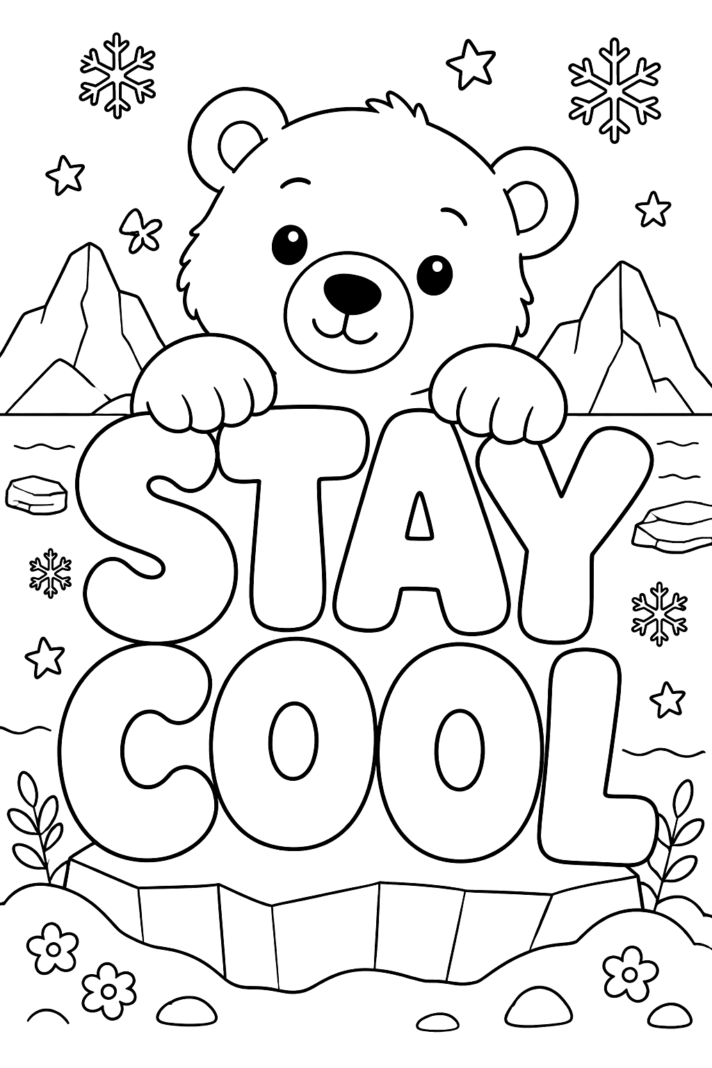 Big outline letters spelling stay cool with a polar bear peeking over coloring page