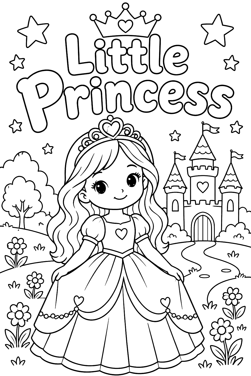 Little princess lettering in big outline letters with a crown and stars coloring page