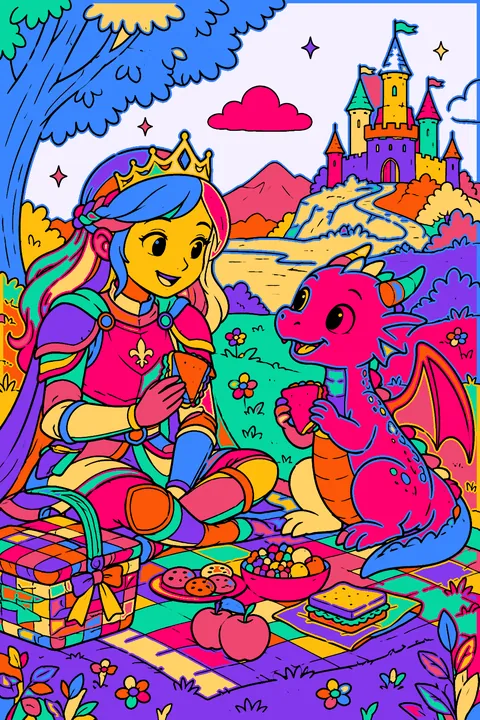 Brave princess in armor sharing a picnic with a friendly little dragon coloring page