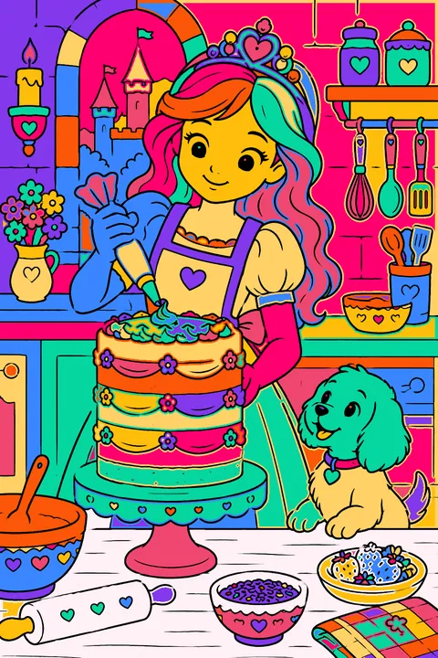 Princess baking a tall layered cake in a castle kitchen with a puppy watching coloring page