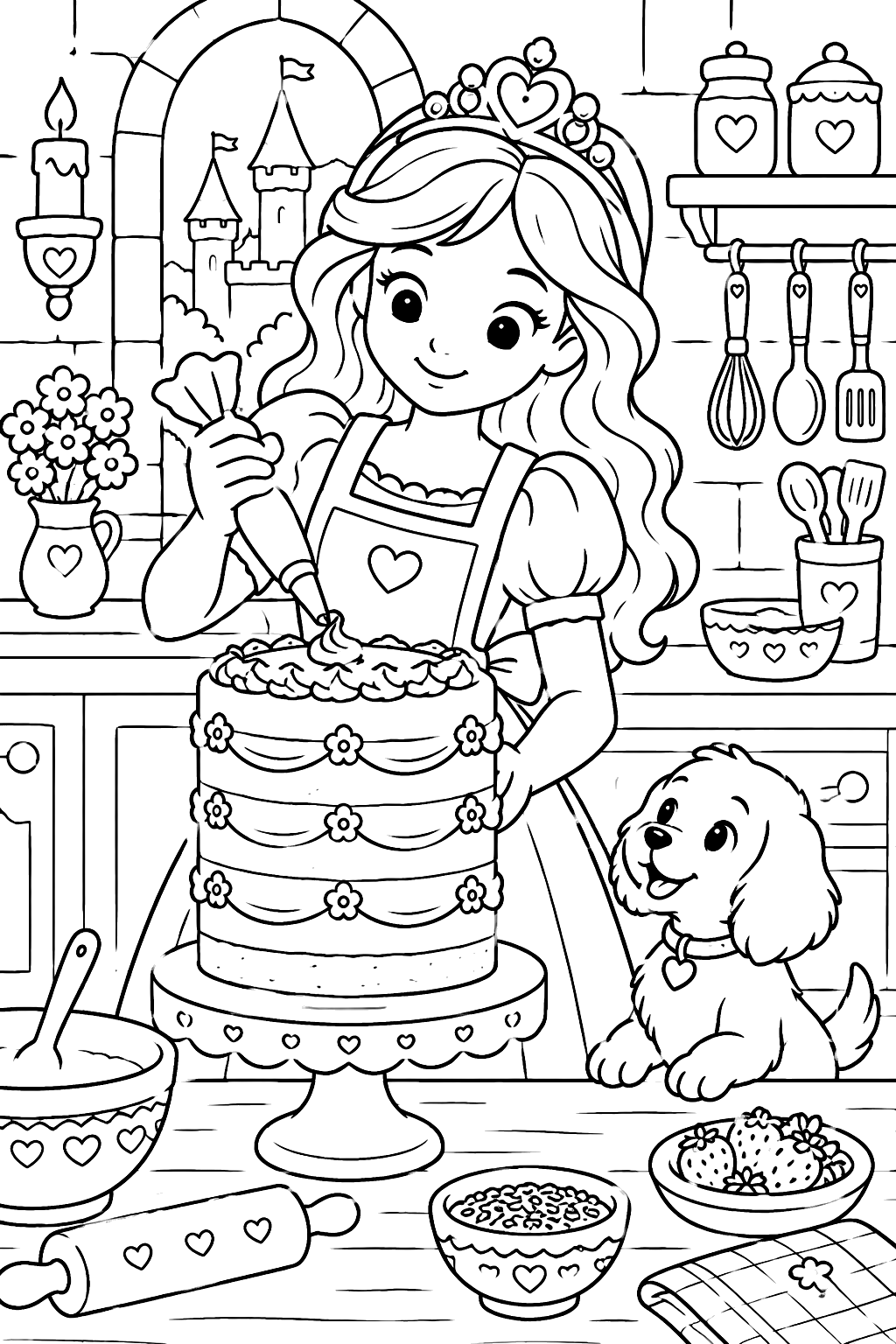 Princess baking a tall layered cake in a castle kitchen with a puppy watching coloring page