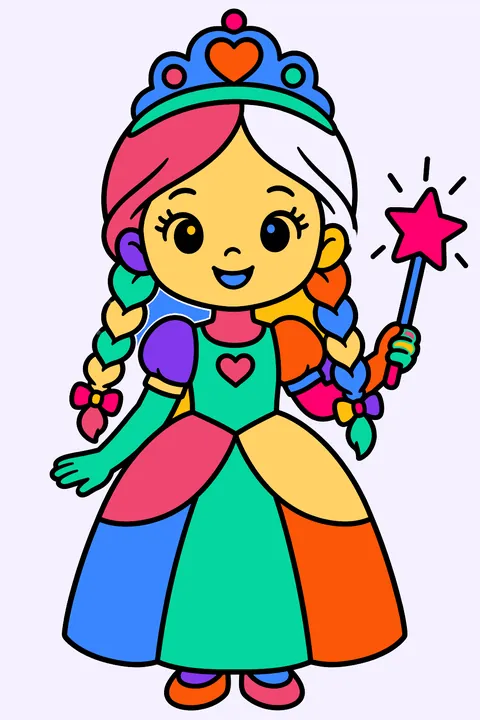 Little princess with braids holding a star wand and wearing a tiara coloring page