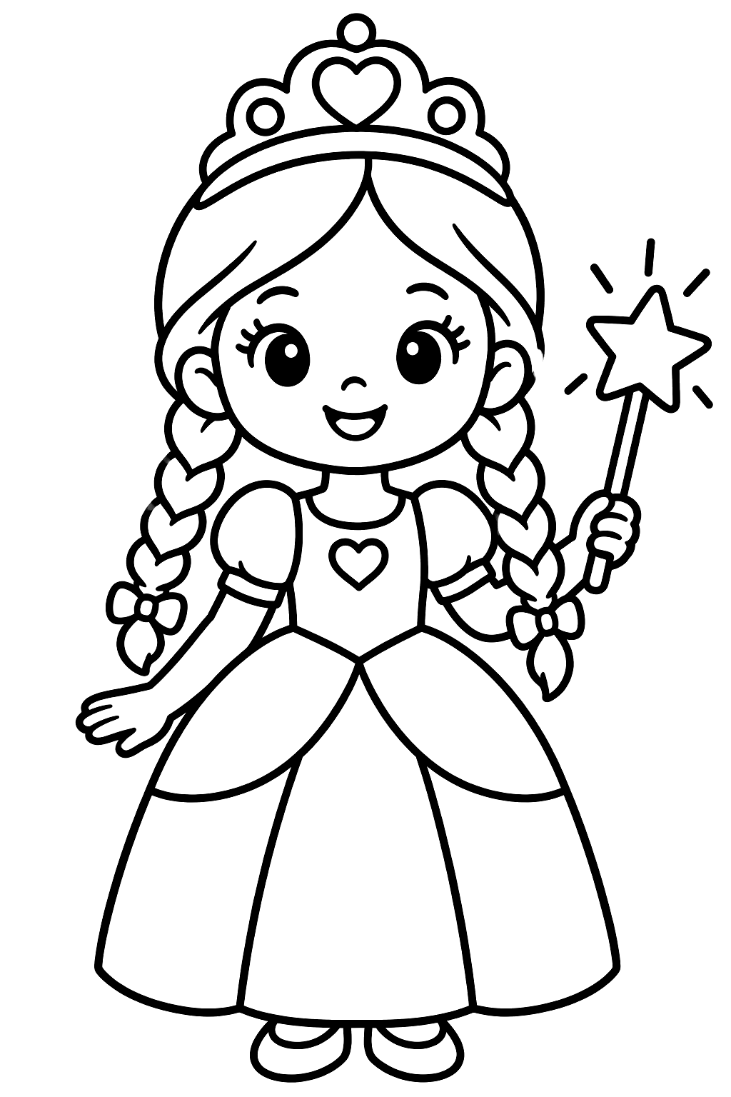 Little princess with braids holding a star wand and wearing a tiara coloring page