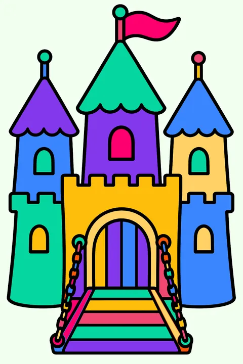Princess castle with three big turrets, a drawbridge and a flag coloring page