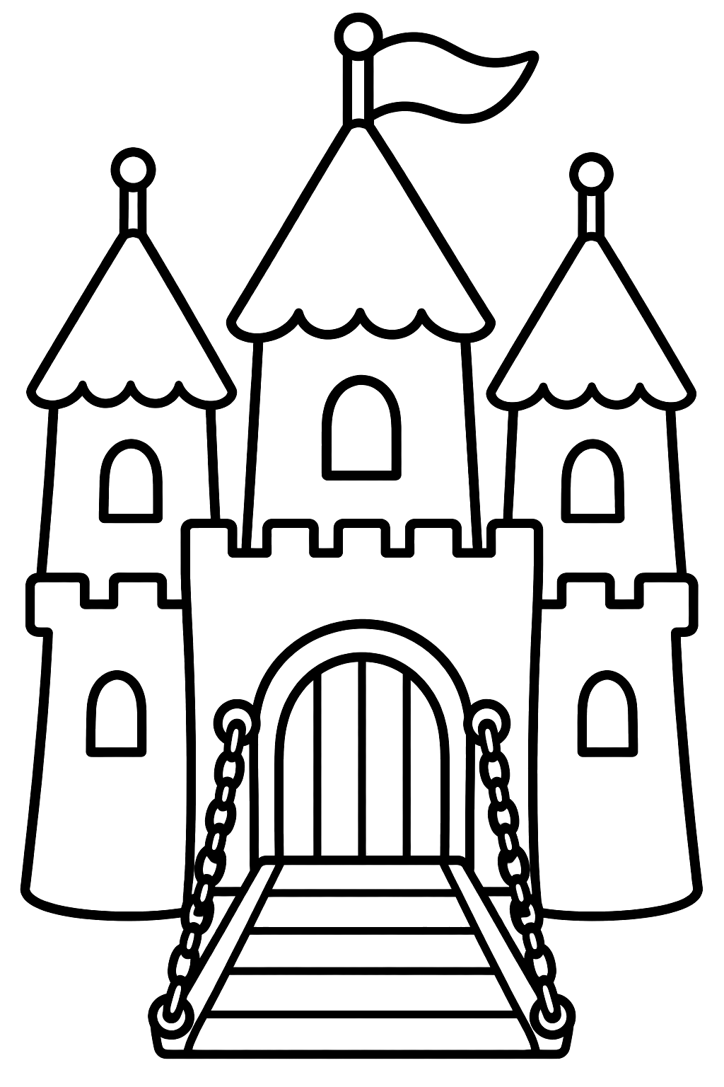 Princess castle with three big turrets, a drawbridge and a flag coloring page