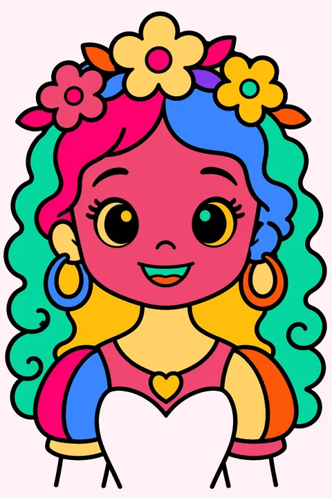 Princess portrait with curly hair, hoop earrings and a flower crown coloring page