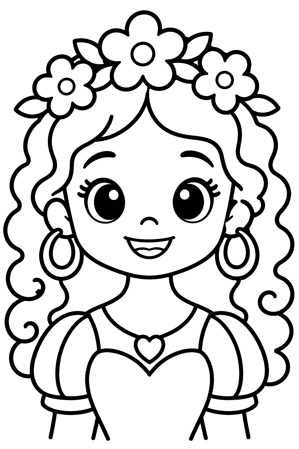 Princess portrait with curly hair, hoop earrings and a flower crown coloring page