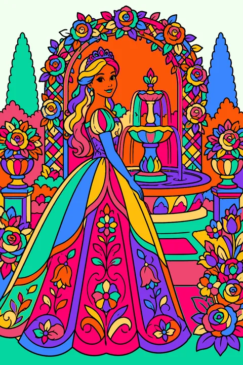 Princess garden with a fountain, arched trellis and intricate floral patterns everywhere coloring page