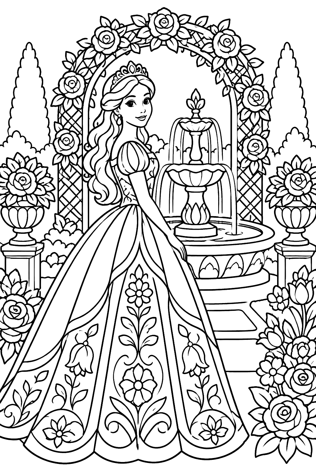 Princess garden with a fountain, arched trellis and intricate floral patterns everywhere coloring page