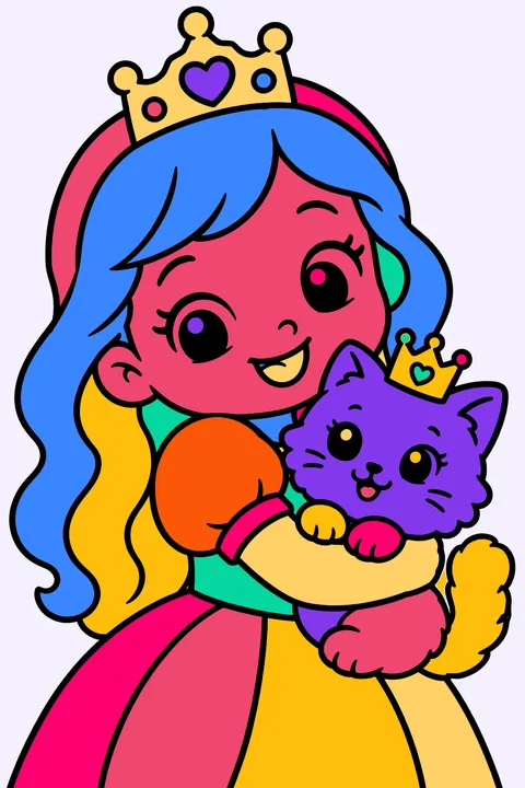 Cheerful princess hugging a fluffy kitten wearing a tiny crown coloring page