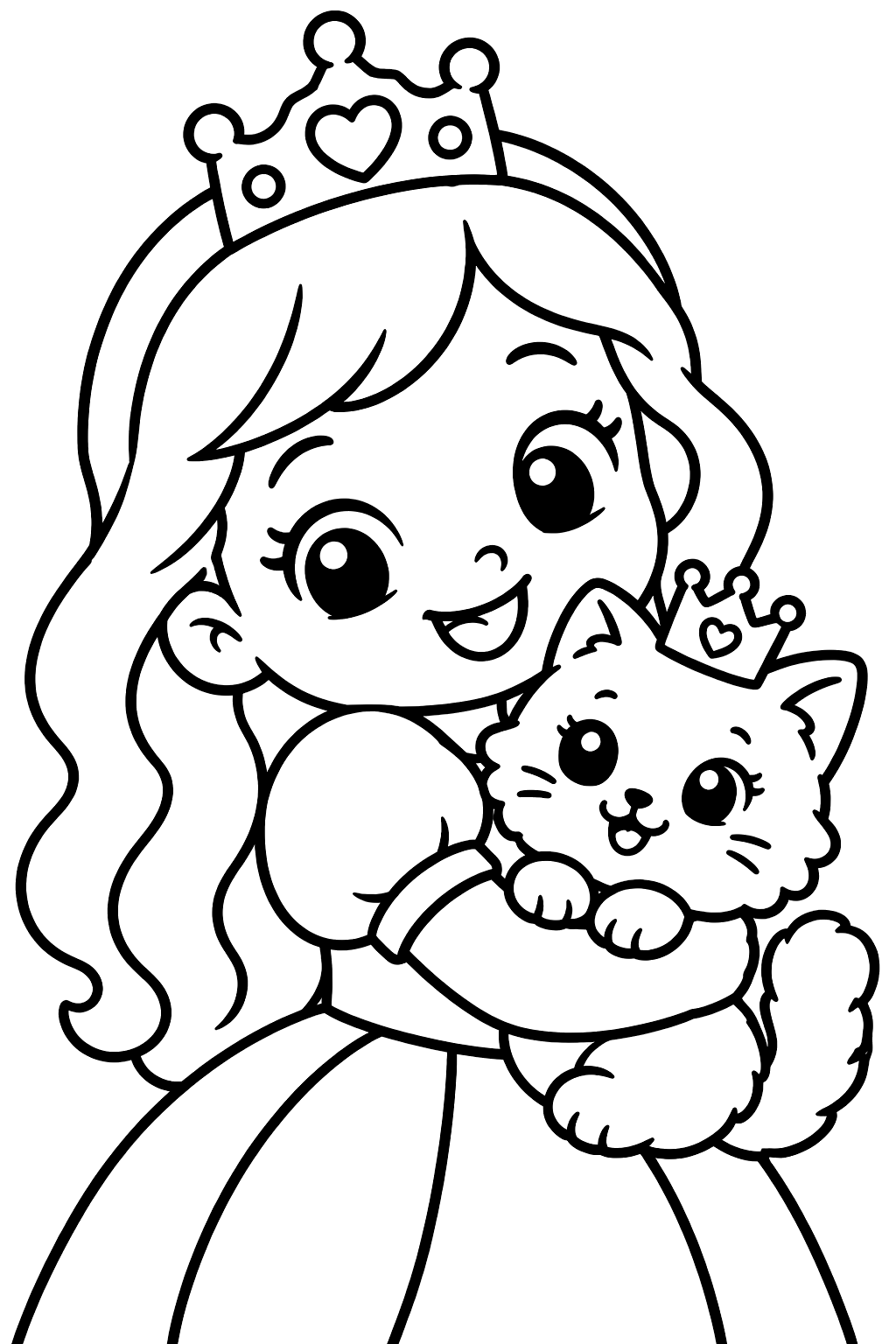 Cheerful princess hugging a fluffy kitten wearing a tiny crown coloring page