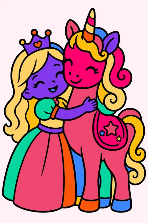 Princess hugging a friendly unicorn with a curly mane and starry saddle coloring page