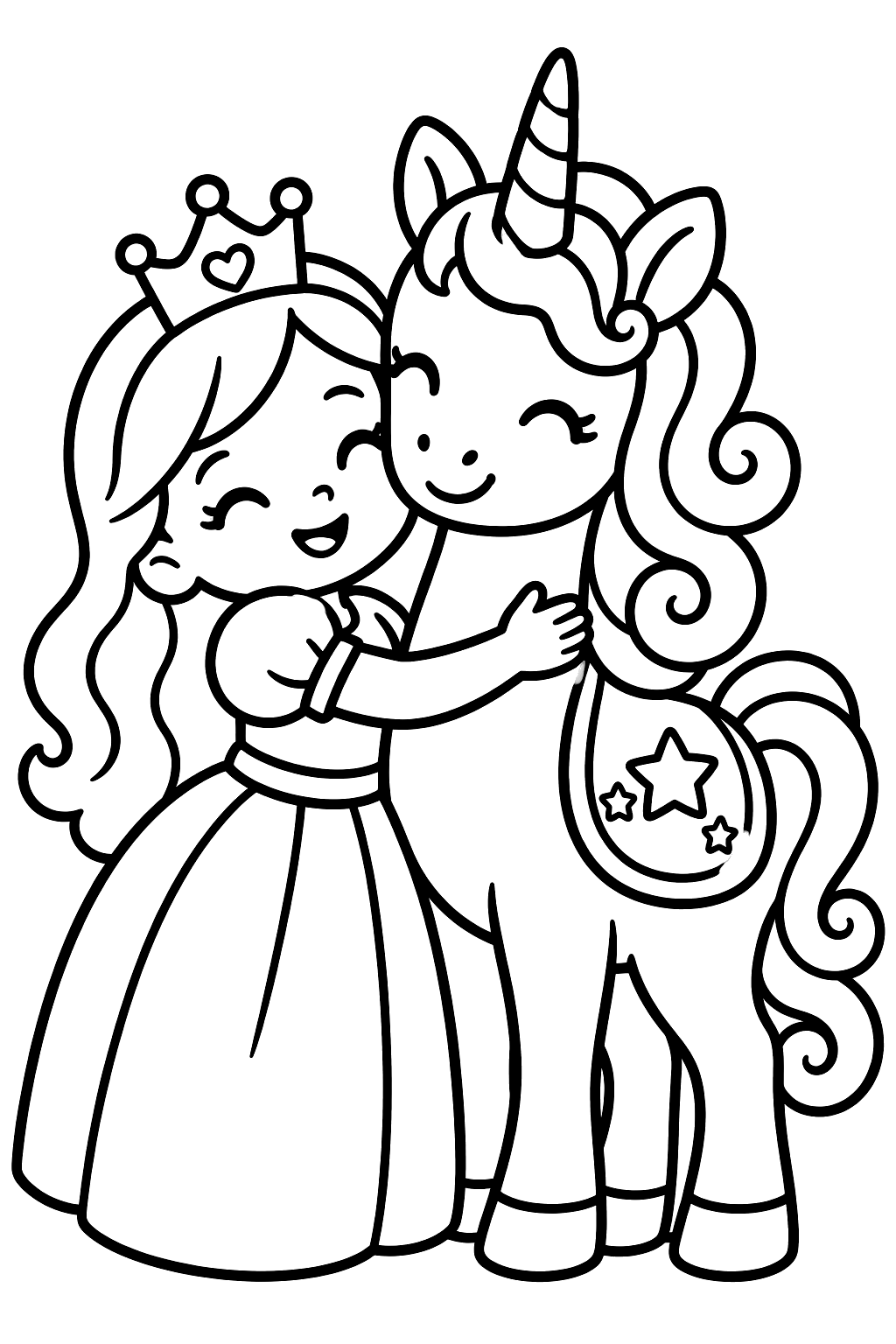 Princess hugging a friendly unicorn with a curly mane and starry saddle coloring page