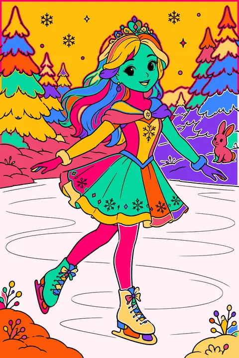 Princess ice skating on a frozen pond with snowy pine trees around coloring page