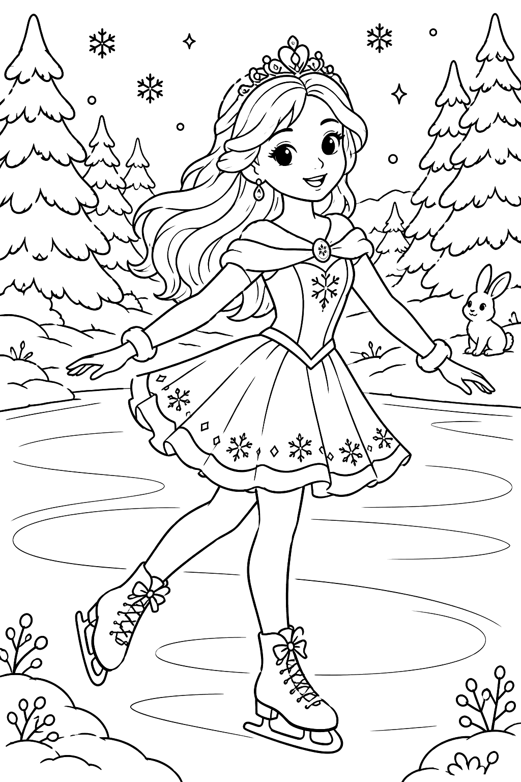 Princess ice skating on a frozen pond with snowy pine trees around coloring page