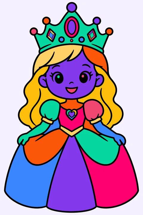 Smiling princess wearing a big jeweled crown and a puffy ball gown coloring page