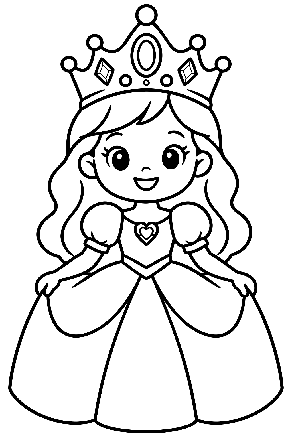 Smiling princess wearing a big jeweled crown and a puffy ball gown coloring page