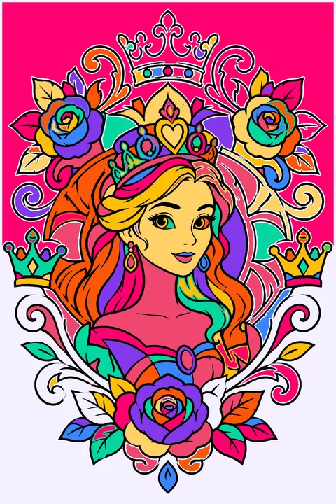 Ornate mandala with a princess portrait framed by crowns, roses and swirls coloring page