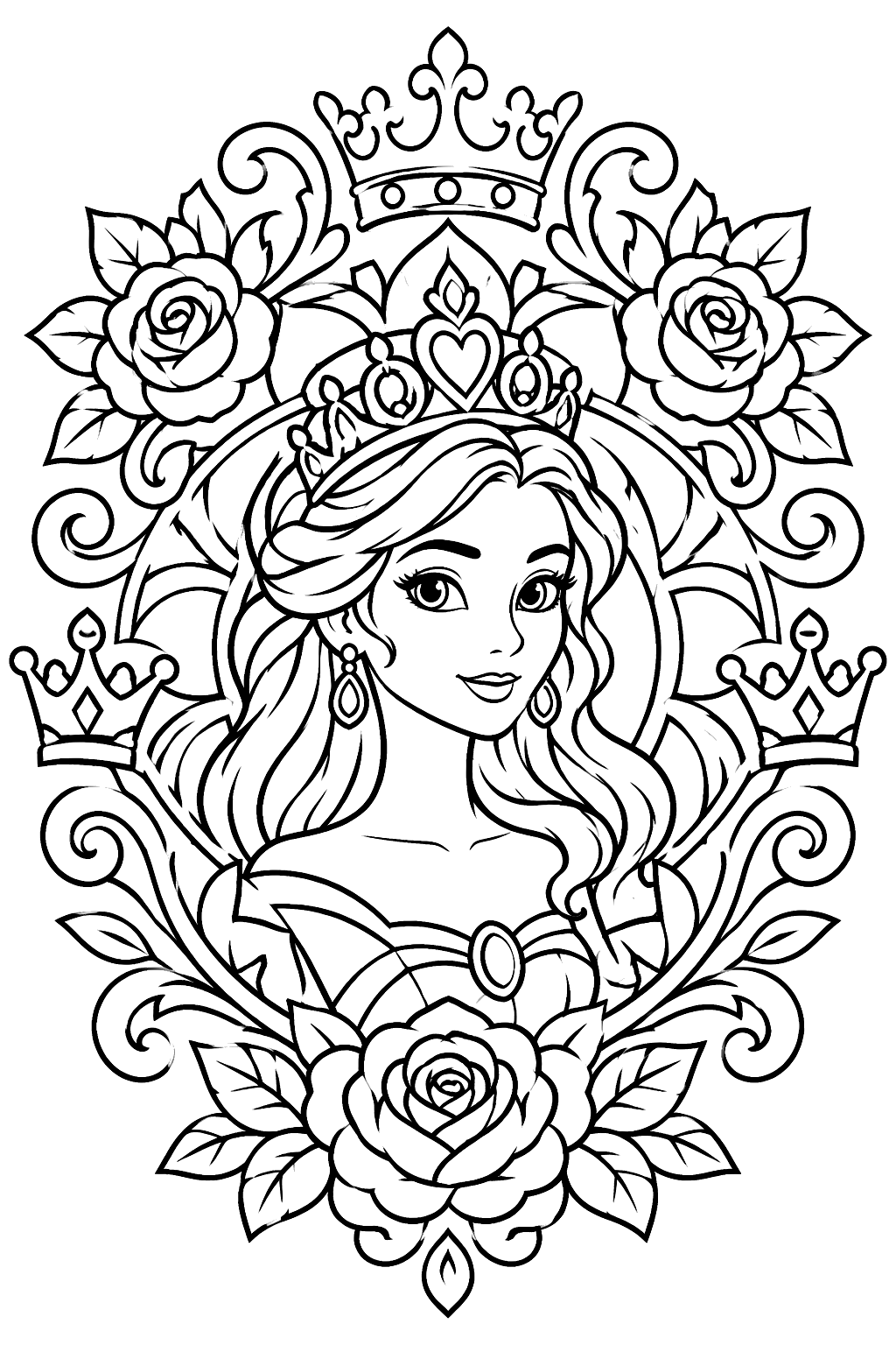 Ornate mandala with a princess portrait framed by crowns, roses and swirls coloring page