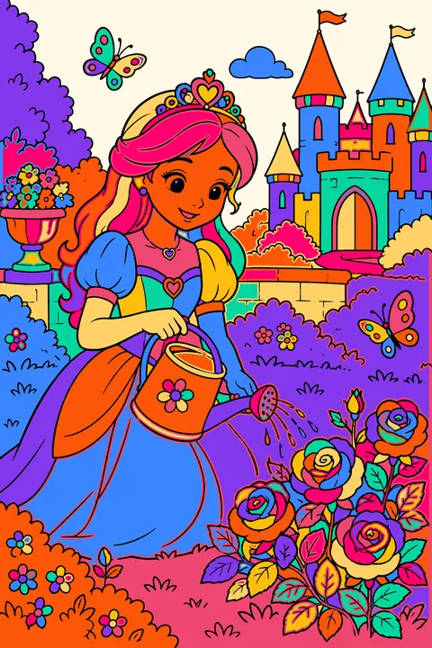 Princess planting roses in a castle garden with a watering can and butterflies coloring page
