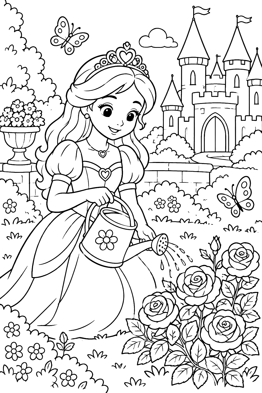 Princess planting roses in a castle garden with a watering can and butterflies coloring page