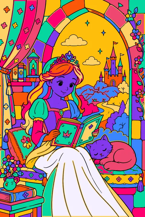 Princess reading a storybook by an arched tower window with a sleepy cat coloring page