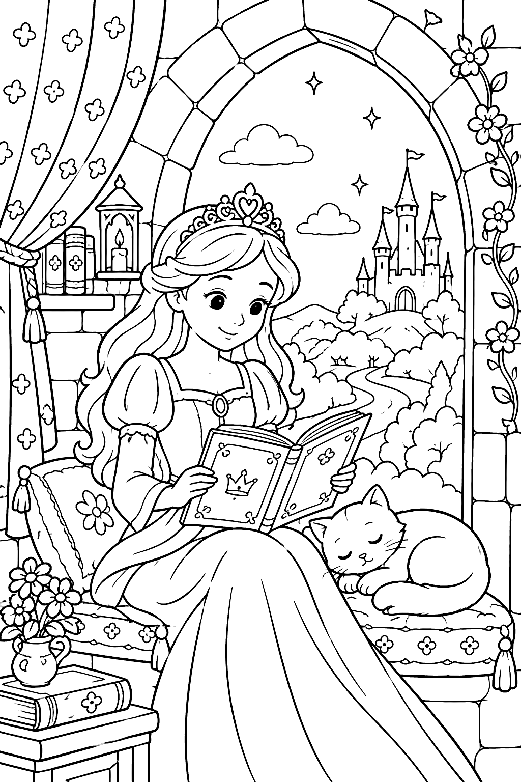 Princess reading a storybook by an arched tower window with a sleepy cat coloring page