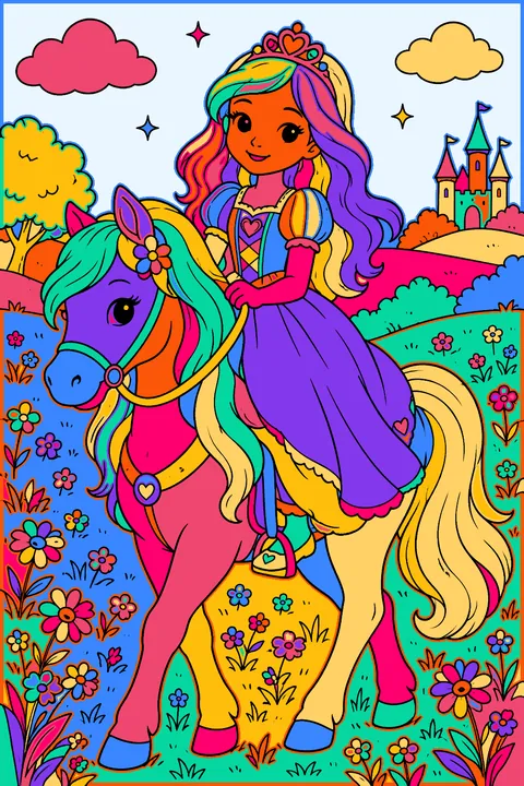 Princess riding a gentle pony through a meadow of wildflowers coloring page
