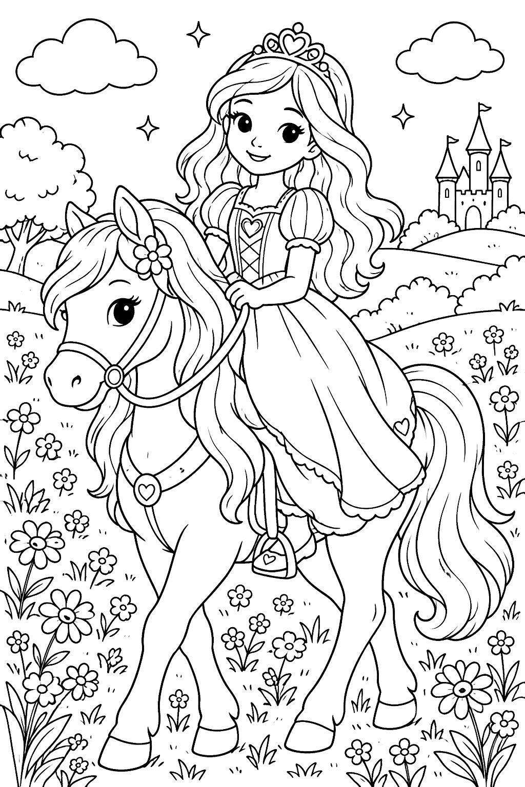 Princess riding a gentle pony through a meadow of wildflowers coloring page