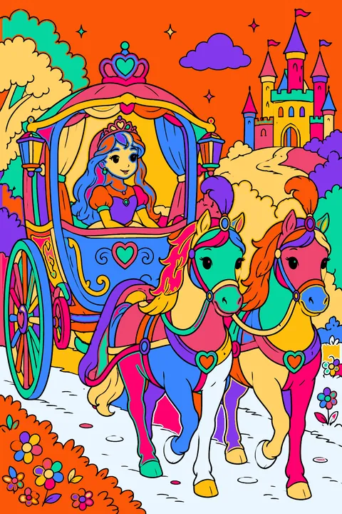 Princess riding in a royal carriage pulled by two white horses coloring page