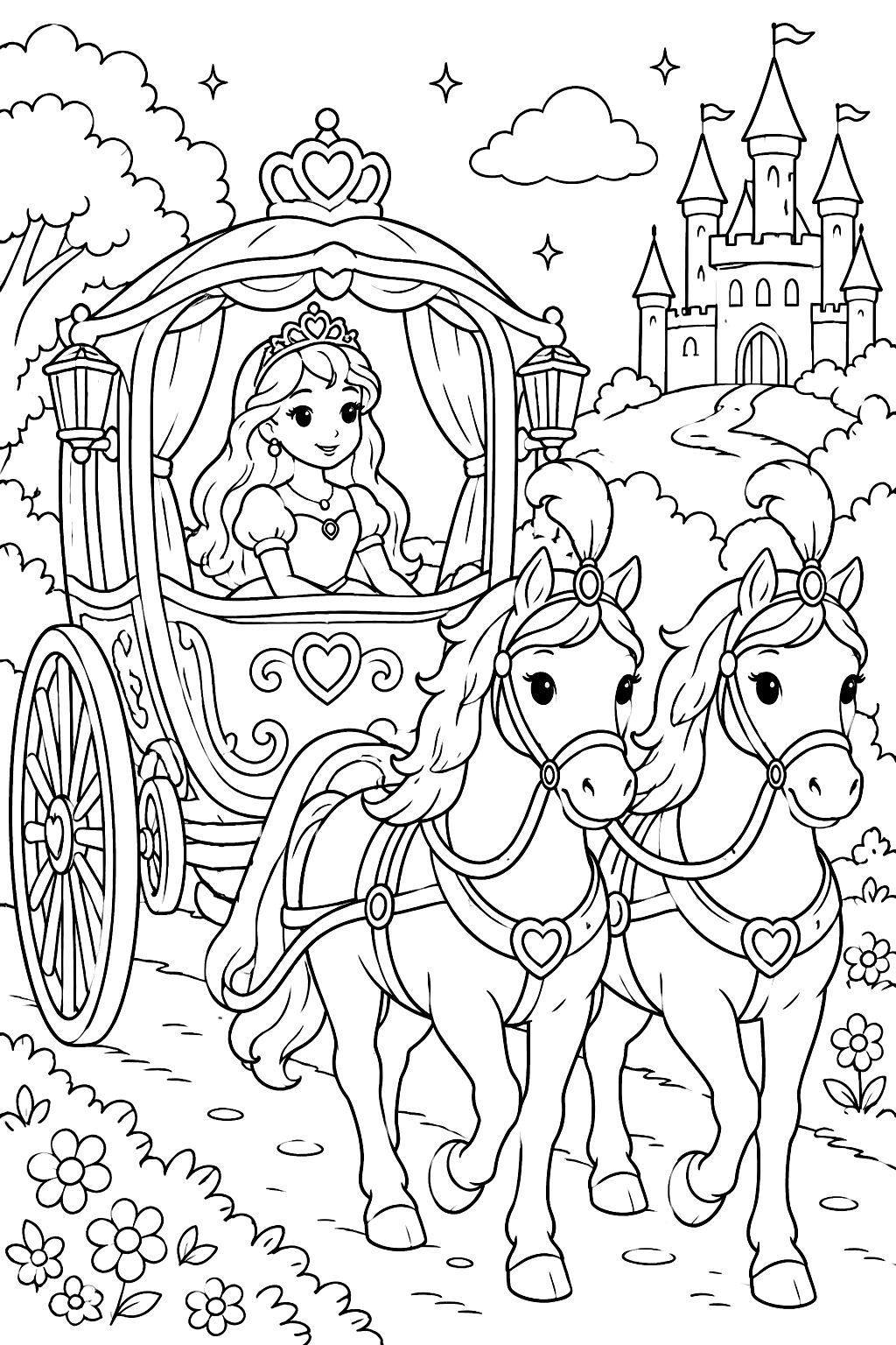 Princess riding in a royal carriage pulled by two white horses coloring page