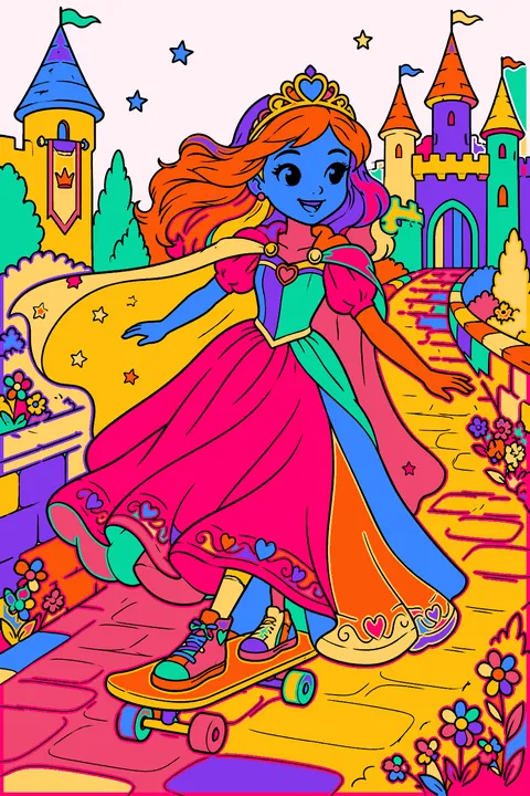 Princess skateboarding down a castle path with her gown and cape flowing coloring page