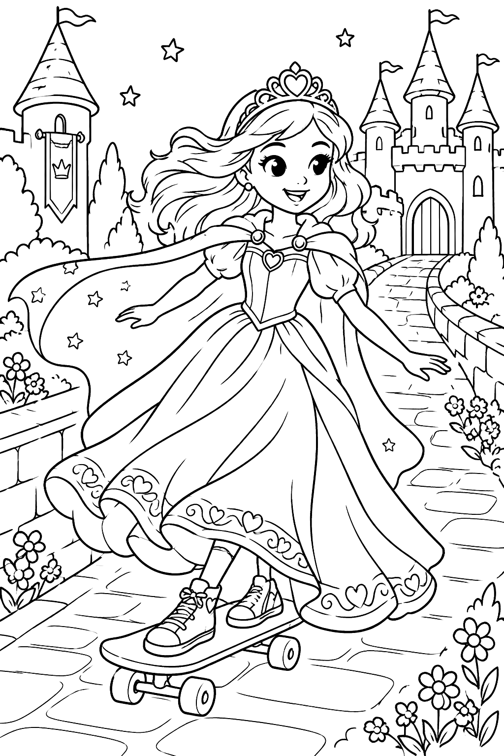 Princess skateboarding down a castle path with her gown and cape flowing coloring page