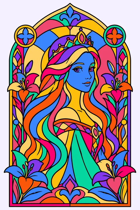 Princess stained glass window design with long flowing hair, lilies and ornate borders coloring page