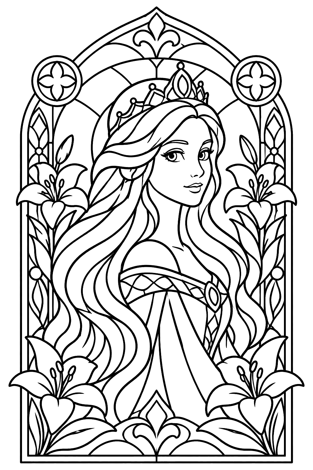 Princess stained glass window design with long flowing hair, lilies and ornate borders coloring page