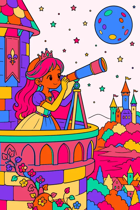 Princess stargazing with a telescope from a castle tower under the moon coloring page