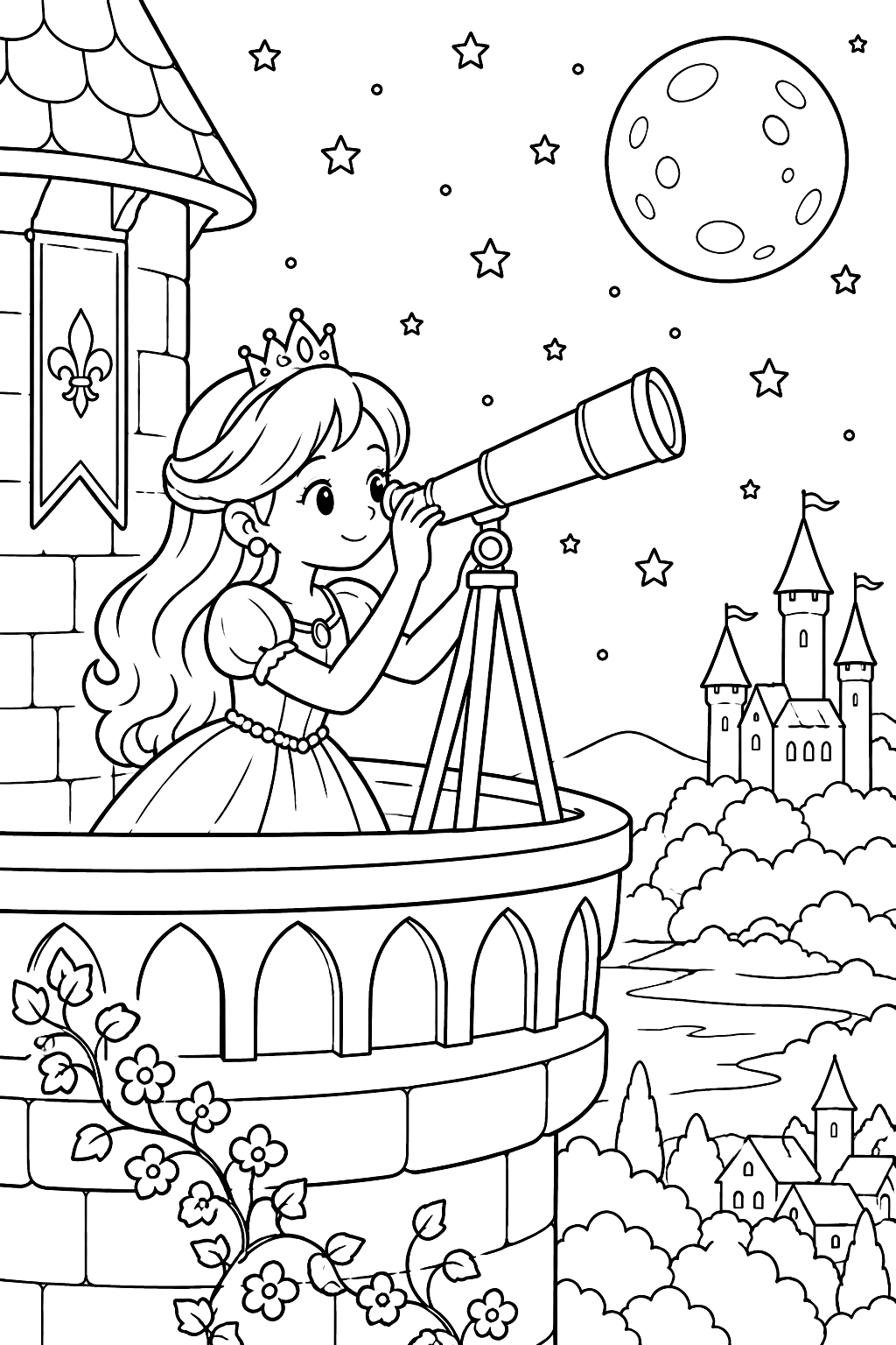 Princess stargazing with a telescope from a castle tower under the moon coloring page