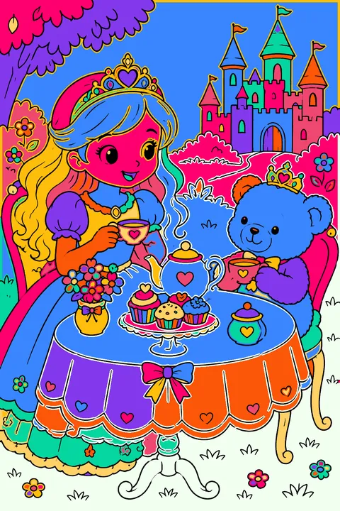 Princess hosting a tea party with a teddy bear, teapot and cupcakes coloring page