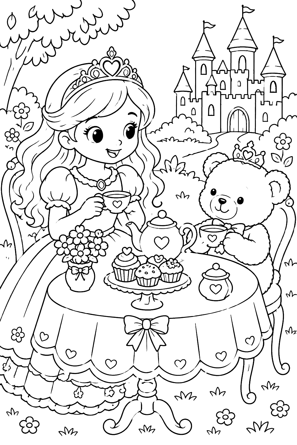 Princess hosting a tea party with a teddy bear, teapot and cupcakes coloring page