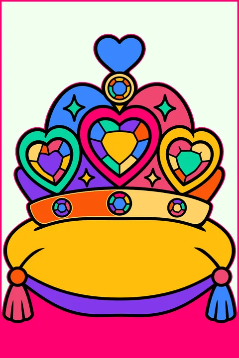 Big sparkly princess tiara with hearts and gems on a velvet pillow coloring page