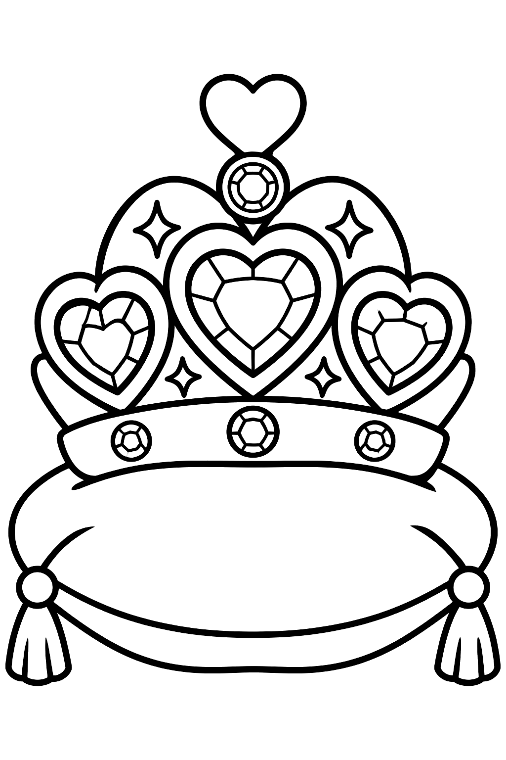 Big sparkly princess tiara with hearts and gems on a velvet pillow coloring page