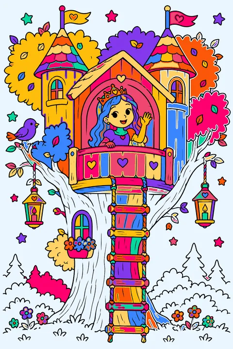 Princess waving from a cozy treehouse castle with a rope ladder and lanterns coloring page